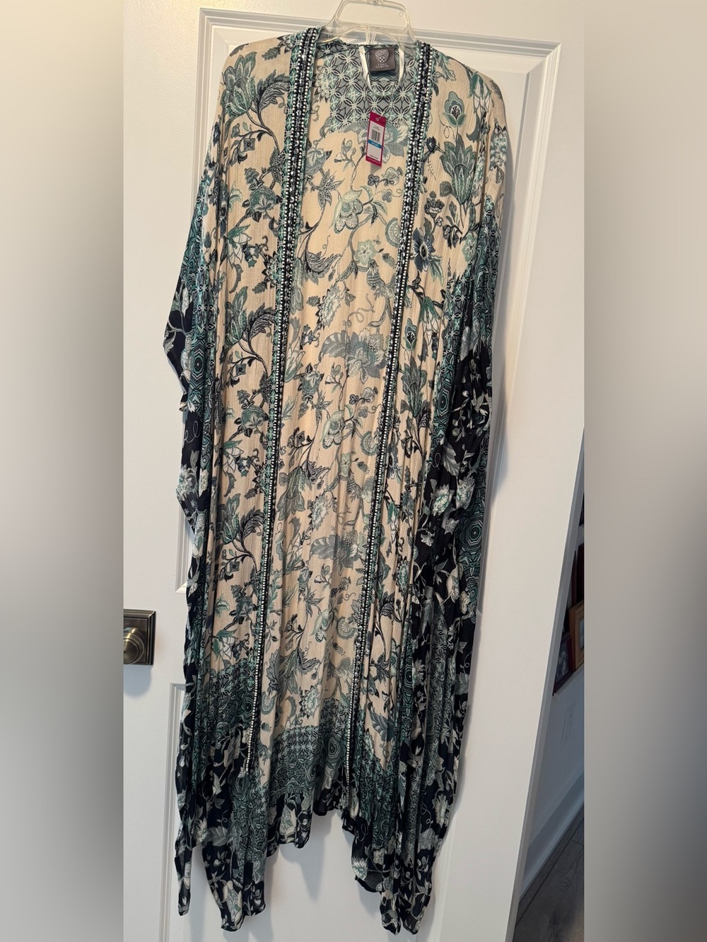 Vince Camuto Cream and Teal Floral Open-Front Duster